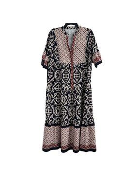Shein Women Bohemian Short Sleeve Black & Beige Printed Maxi Dress Size L